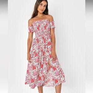 Lulus Off the Shoulder Floral Midi Dress Smocked Bodice - Size M - NWT